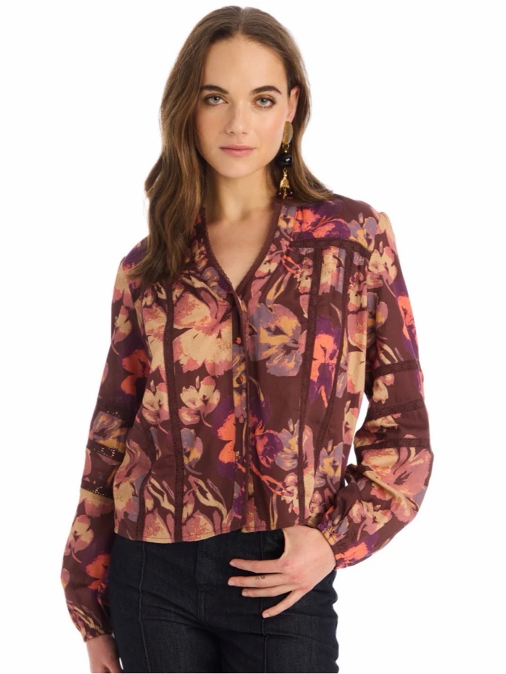 Allison New York MAYA Blouse - Floral Print Long-Sleeve V-Neck Top in Burgundy